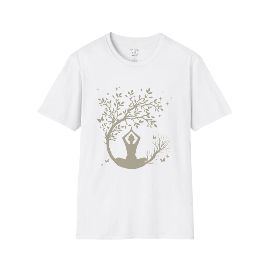 Serene meditating silhouette beneath a flowing tree design — The Vault collection by Ramro Yoga Wear — White