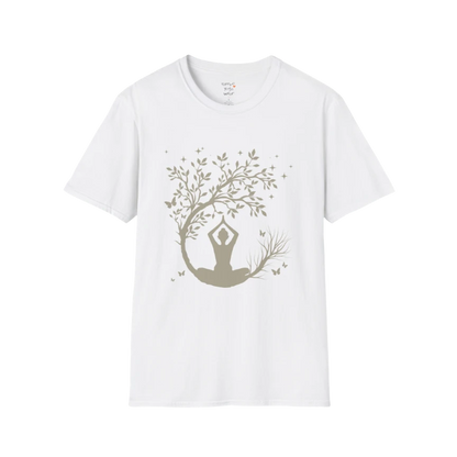 Serene meditating silhouette beneath a flowing tree design — The Vault collection by Ramro Yoga Wear — White