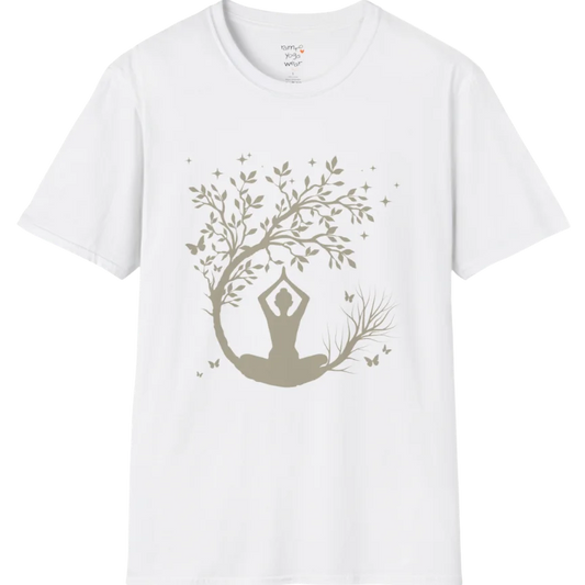 Short sleeved tee with a serene meditating silhouette beneath a flowing tree design — The Vault collection by Ramro Yoga Wear — White