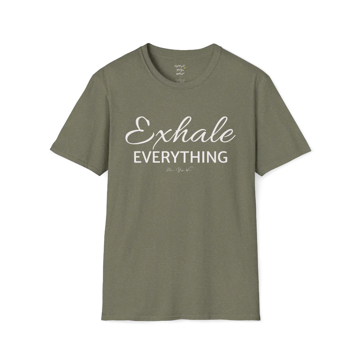 "Exhale Everything" minimal script and type design — The Vault collection by Ramro Yoga Wear — Heather Military Green