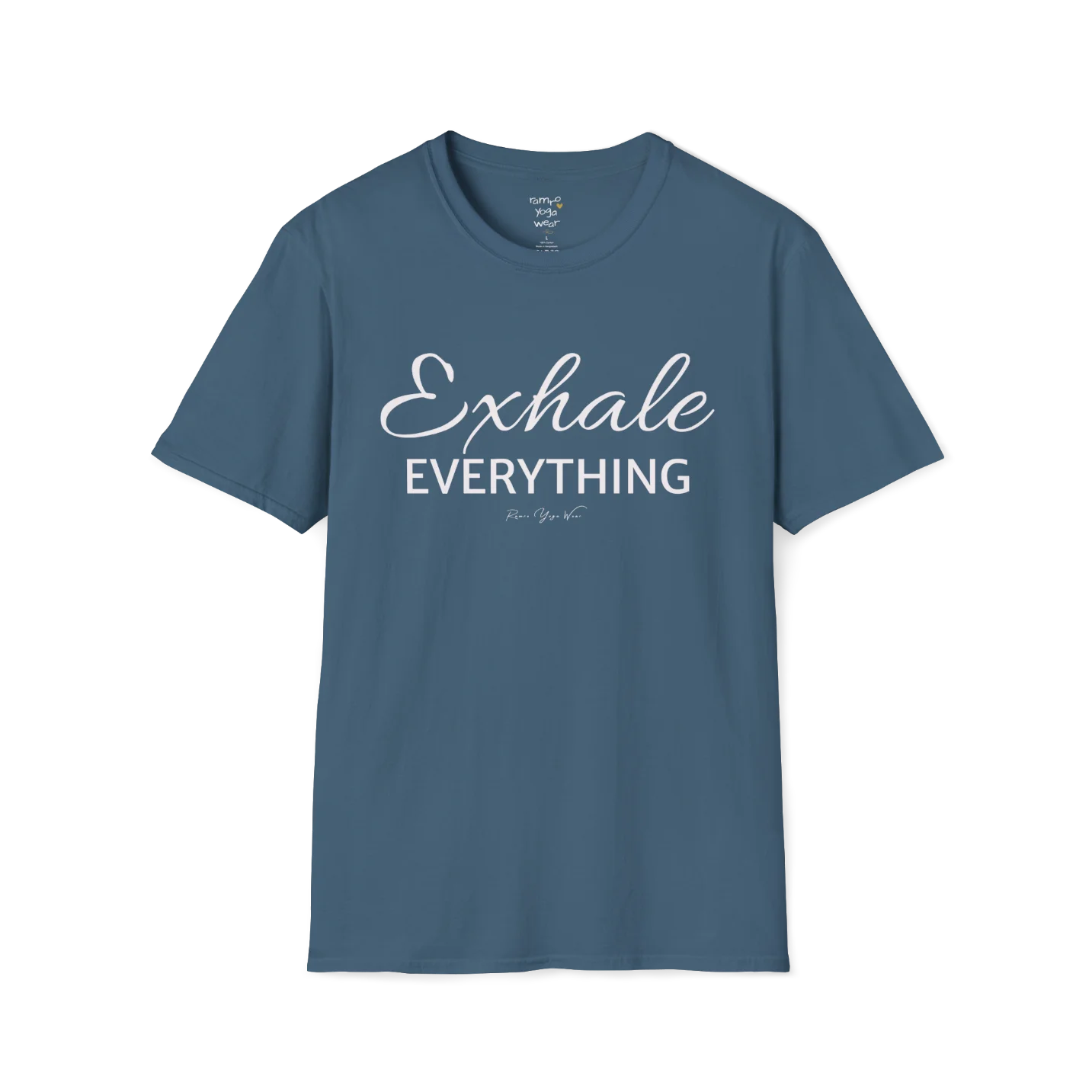 "Exhale Everything" minimal script and type design — The Vault collection by Ramro Yoga Wear — Indigo Blue 
