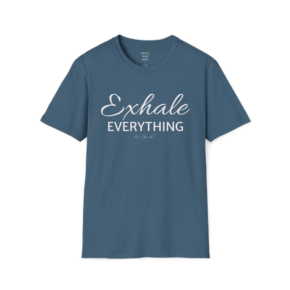 "Exhale Everything" minimal script and type design — The Vault collection by Ramro Yoga Wear — Indigo Blue 