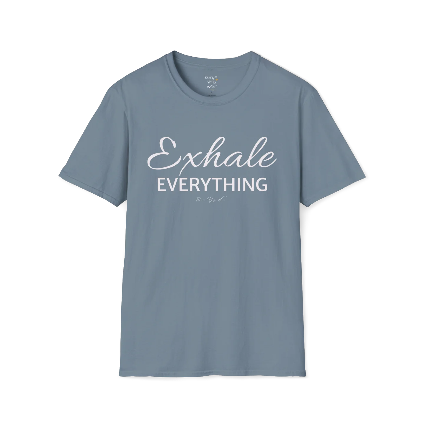 "Exhale Everything" minimal script and type design — The Vault collection by Ramro Yoga Wear — Stone Blue
