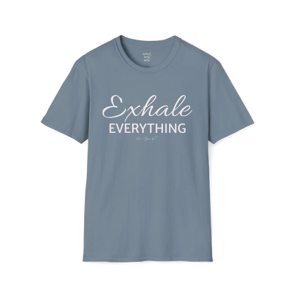 "Exhale Everything" minimal script and type design — The Vault collection by Ramro Yoga Wear — Stone Blue