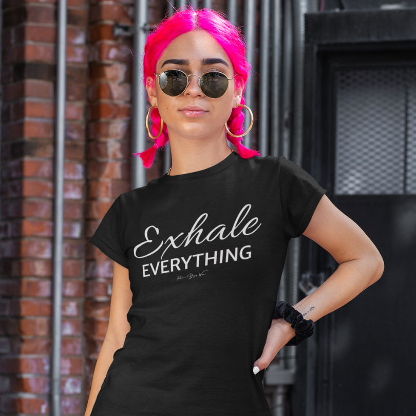 Woman wearing Exhale Everything Black T-Shirt outdoors at night, pink hair, sunglasses — The Vault collection by Ramro Yoga Wear