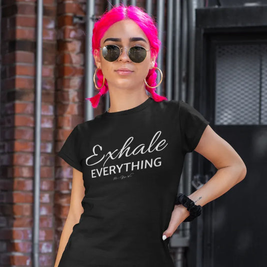 Woman wearing Exhale Everything Black T-Shirt outdoors at night, pink hair, sunglasses — The Vault collection by Ramro Yoga Wear