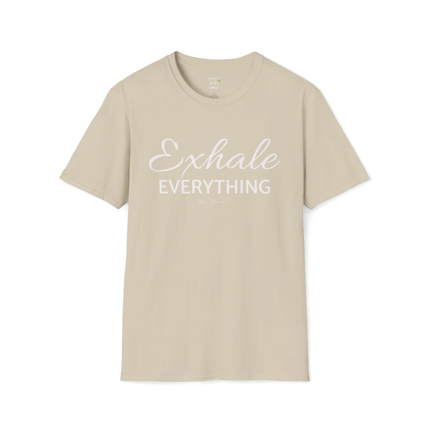 "Exhale Everything" minimal script and type design — The Vault collection by Ramro Yoga Wear — Sand