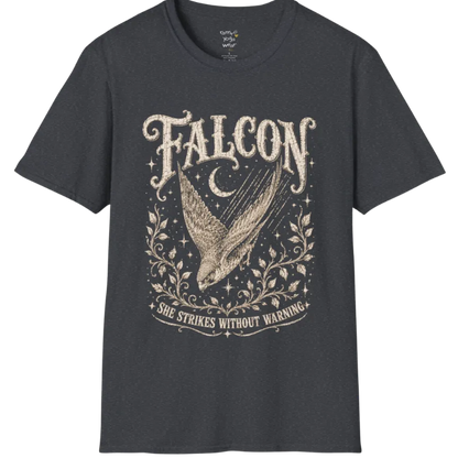 A grunge tee with an illustrated falcon wing design, crescent moon, and botanical linework, text reading "Falcon" and "She Strikes Without Warning" — Wild Animals collection by Ramro Yoga Wear in Dark Heather Grey.