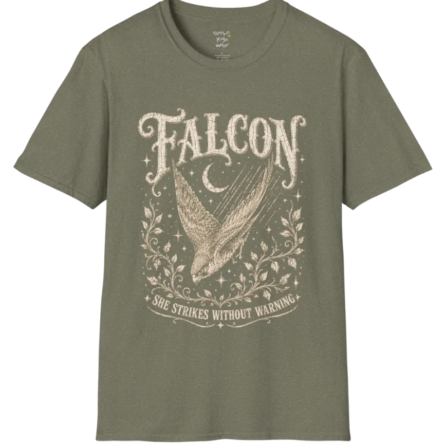 A grunge tee with an illustrated falcon wing design, crescent moon, and botanical linework, text reading "Falcon" and "She Strikes Without Warning" — Wild Animals collection by Ramro Yoga Wear in Heather Military Green.