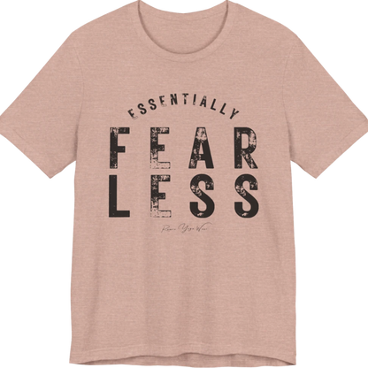 A typographic grunge tee reading "Essentially Fear Less" in bold block lettering — Funny Yoga Shirts collection by Ramro Yoga Wear in Heather Prism Peach.