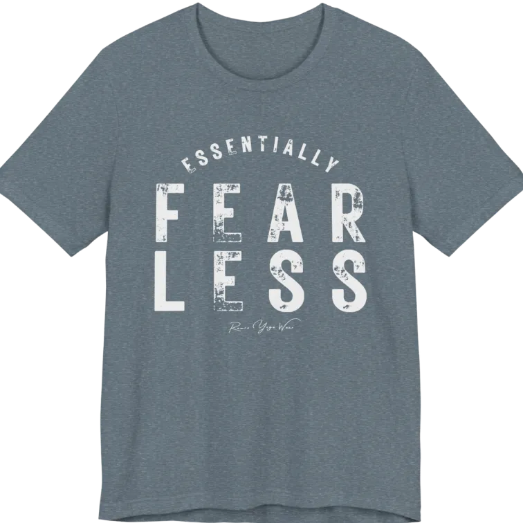 A typographic grunge tee reading "Essentially Fear Less" in bold block lettering — Funny Yoga Shirts collection by Ramro Yoga Wear in Heather Slate.