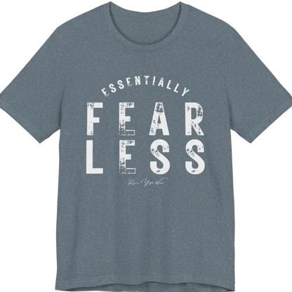 A typographic grunge tee reading "Essentially Fear Less" in bold block lettering — Funny Yoga Shirts collection by Ramro Yoga Wear in Heather Slate.