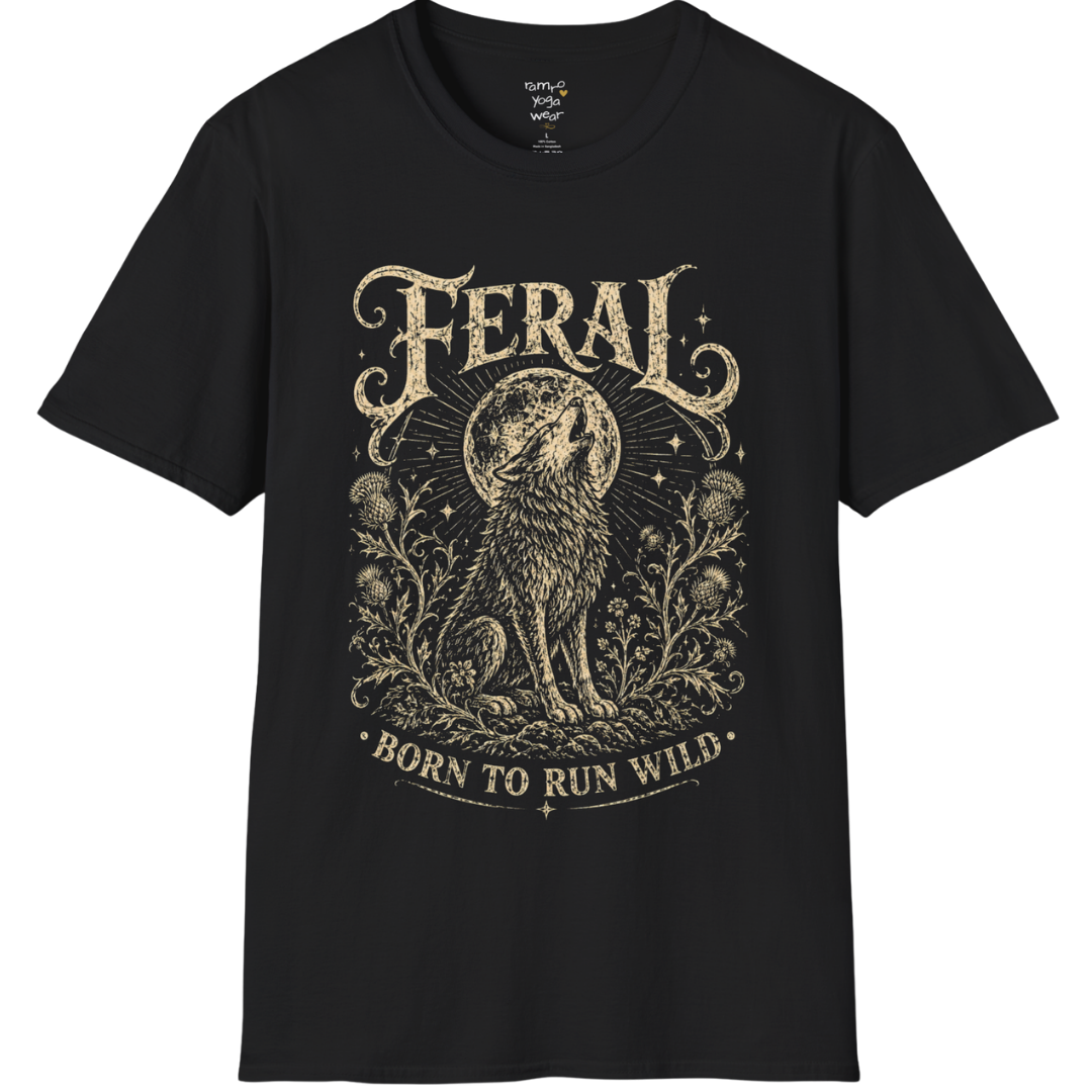 Black Feral T-Shirt featuring vintage mystical wolf artwork with distressed cream typography and earthy spiritual aesthetic.