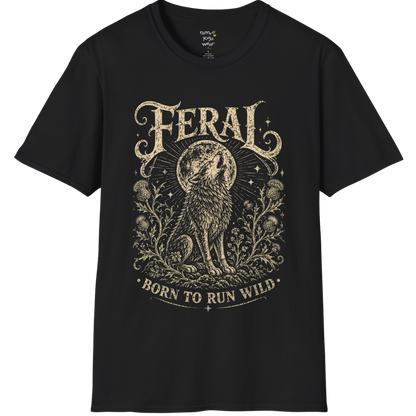 Black Feral T-Shirt featuring vintage mystical wolf artwork with distressed cream typography and earthy spiritual aesthetic.