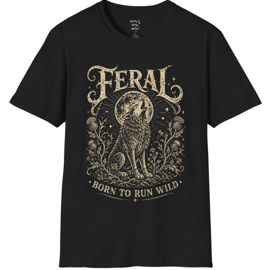 Black Feral T-Shirt featuring vintage mystical wolf artwork with distressed cream typography and earthy spiritual aesthetic.