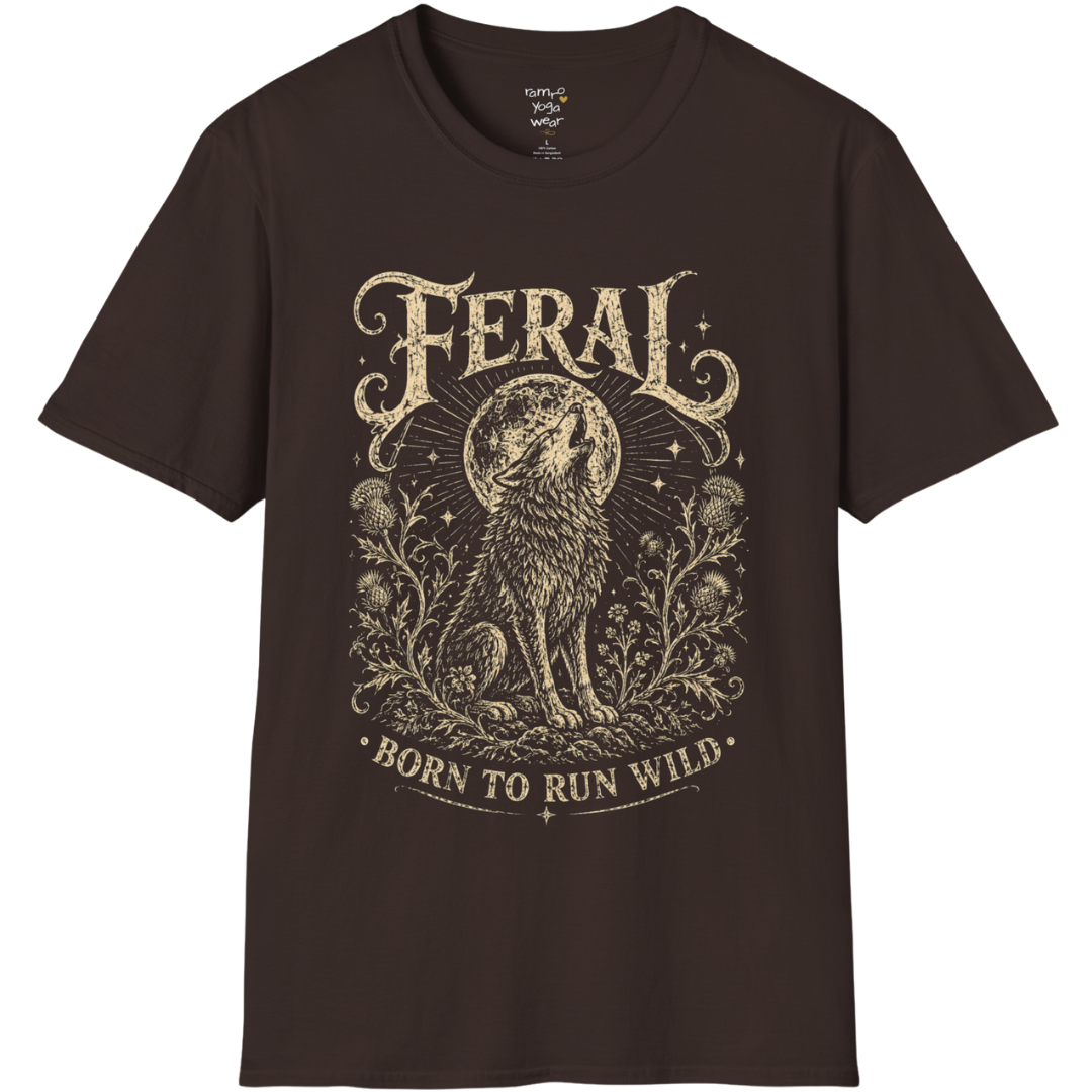 Dark Chocolate Feral T-Shirt with engraved mystical wolf illustration and vintage cream artwork inspired by wild feminine energy.