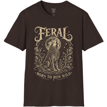 Dark Chocolate Feral T-Shirt with engraved mystical wolf illustration and vintage cream artwork inspired by wild feminine energy.