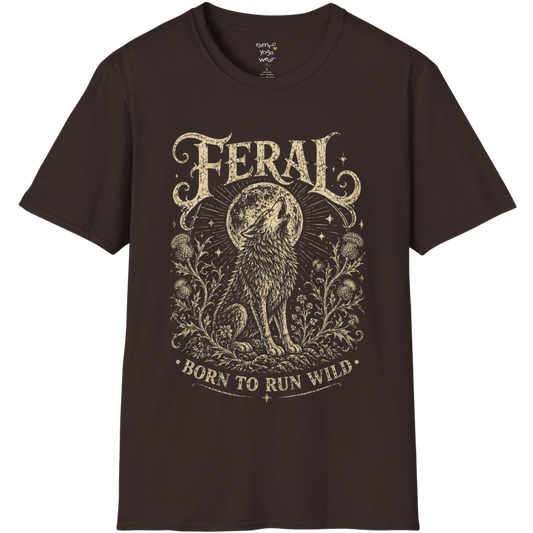 Dark Chocolate Feral T-Shirt with engraved mystical wolf illustration and vintage cream artwork inspired by wild feminine energy.