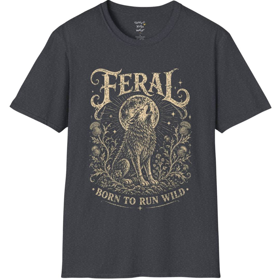 Dark Heather Grey Feral T-Shirt featuring distressed mystical wolf artwork with retro spiritual styling and worn vintage detail.