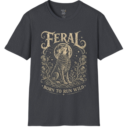 Dark Heather Grey Feral T-Shirt featuring distressed mystical wolf artwork with retro spiritual styling and worn vintage detail.