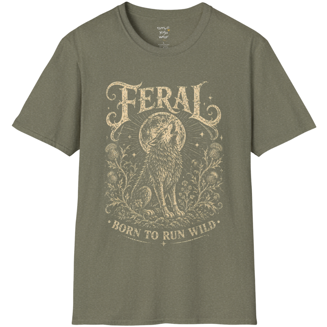 Heather Military Green Feral T-Shirt with earthy vintage wolf illustration and mystical bohemian-inspired spiritual artwork.
