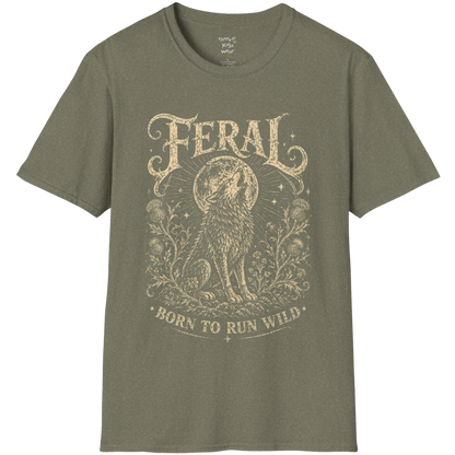 Heather Military Green Feral T-Shirt with earthy vintage wolf illustration and mystical bohemian-inspired spiritual artwork.