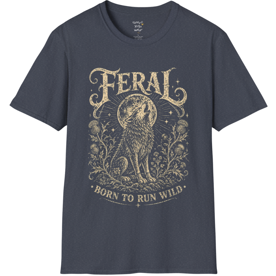Heather Navy Feral T-Shirt featuring celestial-inspired wolf artwork with distressed cream print and soulful vintage styling.