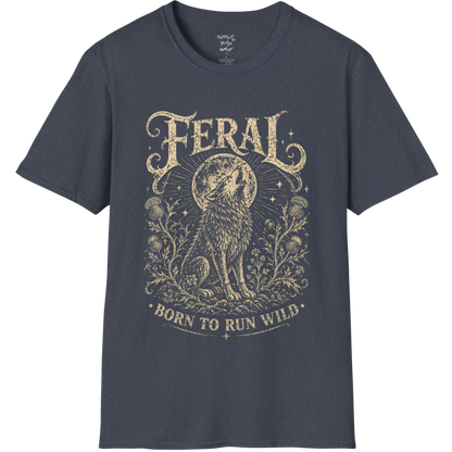 Heather Navy Feral T-Shirt featuring celestial-inspired wolf artwork with distressed cream print and soulful vintage styling.