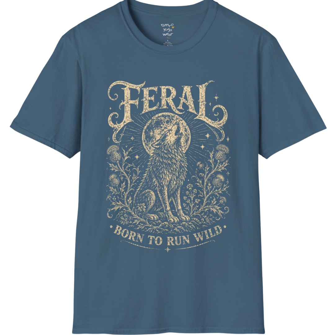 Indigo Blue Feral T-Shirt with mystical engraved wolf illustration and retro spiritual design inspired by freedom and intuition.