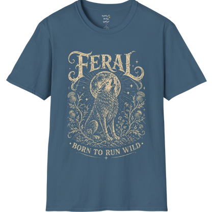 Indigo Blue Feral T-Shirt with mystical engraved wolf illustration and retro spiritual design inspired by freedom and intuition.