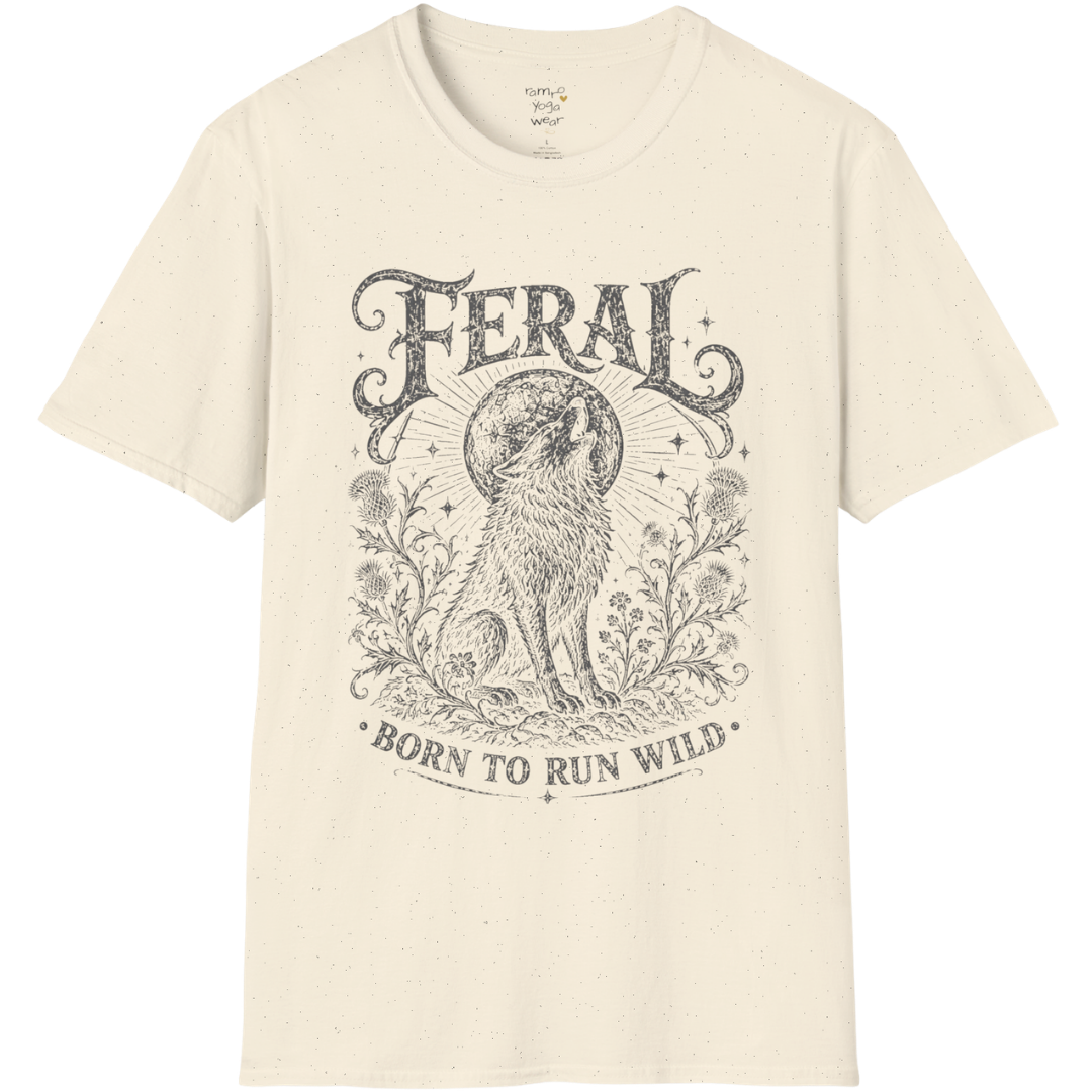 
Natural Feral T-Shirt featuring reversed vintage wolf artwork in distressed dark grey with earthy mystical energy and bohemian style.

