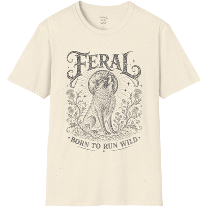 
Natural Feral T-Shirt featuring reversed vintage wolf artwork in distressed dark grey with earthy mystical energy and bohemian style.
