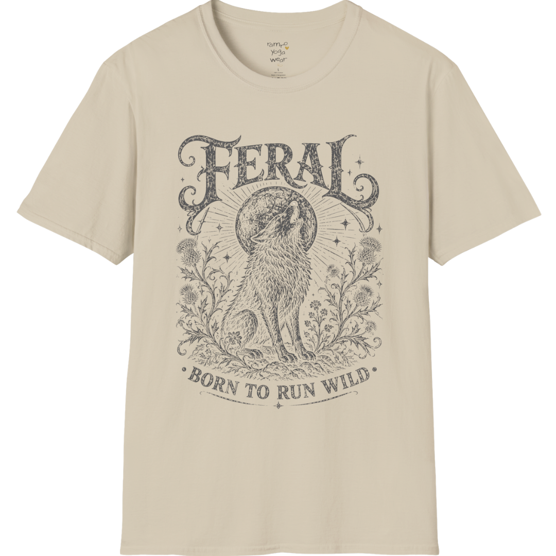 Sand Feral T-Shirt with faded charcoal mystical wolf illustration and vintage spiritual artwork inspired by untamed freedom.