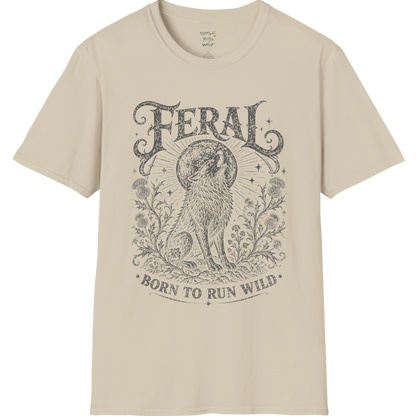 Sand Feral T-Shirt with faded charcoal mystical wolf illustration and vintage spiritual artwork inspired by untamed freedom.