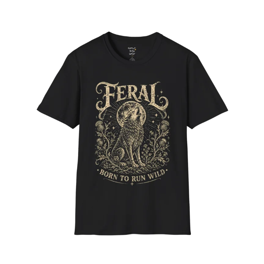 Black Feral T-Shirt featuring vintage mystical wolf artwork with distressed cream typography and earthy spiritual aesthetic.