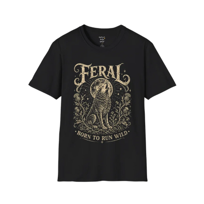 Black Feral T-Shirt featuring vintage mystical wolf artwork with distressed cream typography and earthy spiritual aesthetic.