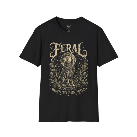 Black Feral T-Shirt featuring vintage mystical wolf artwork with distressed cream typography and earthy spiritual aesthetic.