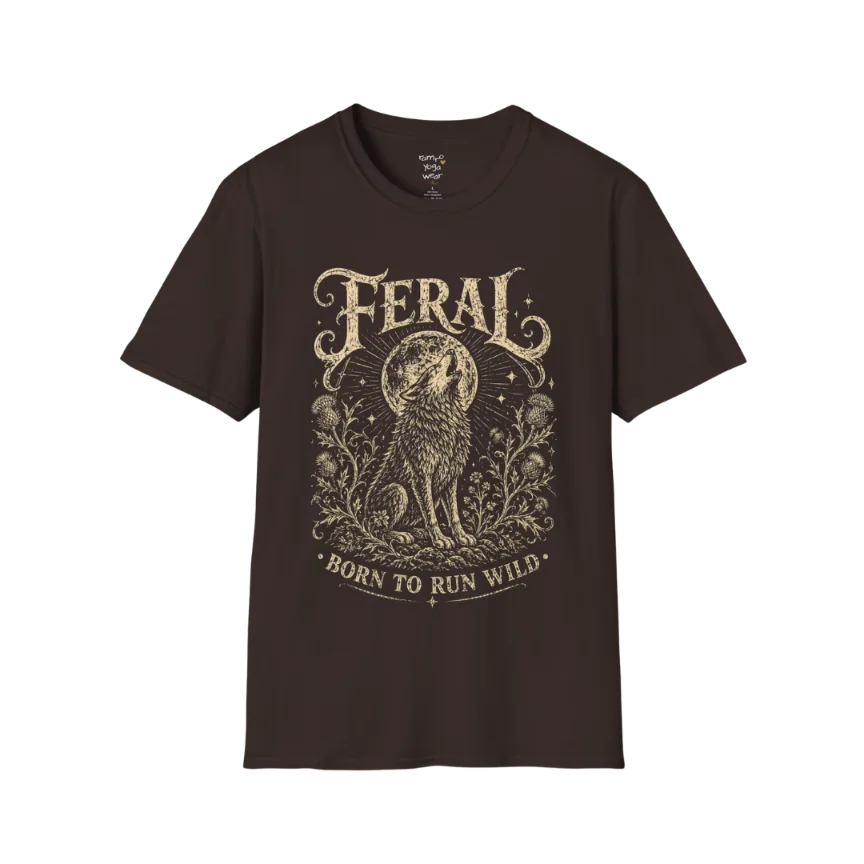 Dark Chocolate Feral T-Shirt with engraved mystical wolf illustration and vintage cream artwork inspired by wild feminine energy.