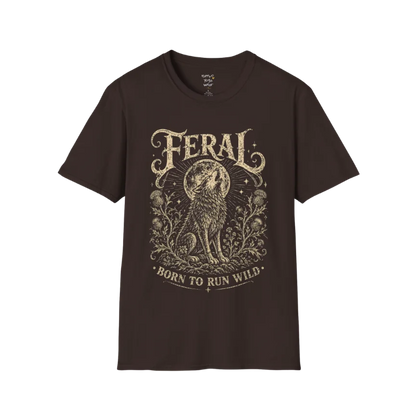 Dark Chocolate Feral T-Shirt with engraved mystical wolf illustration and vintage cream artwork inspired by wild feminine energy.
