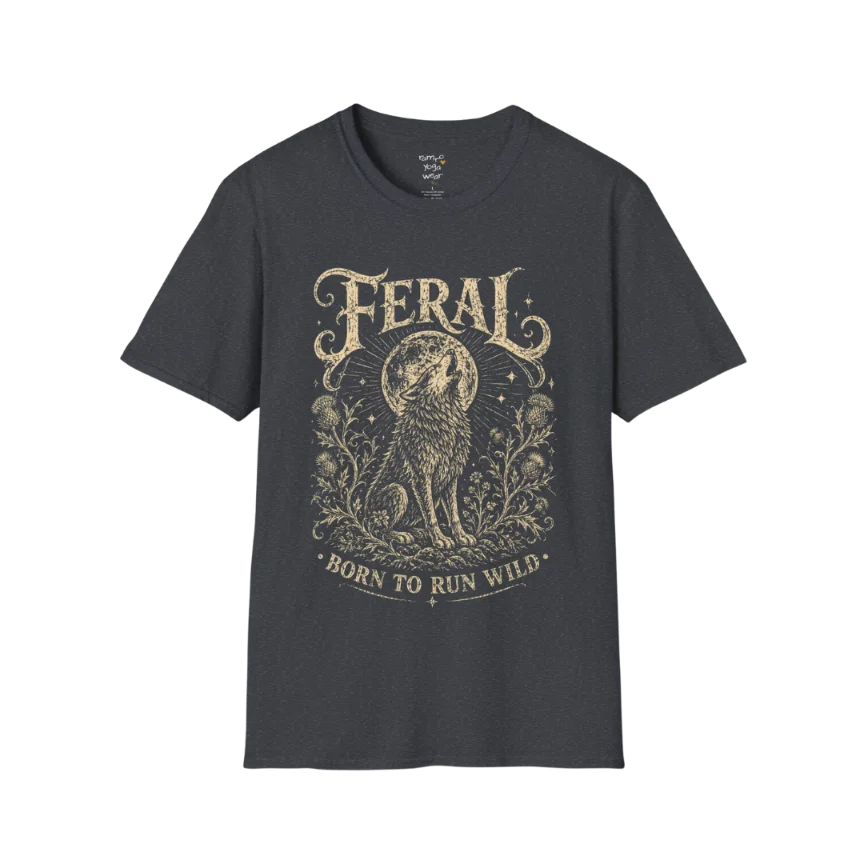 Dark Heather Grey Feral T-Shirt featuring distressed mystical wolf artwork with retro spiritual styling and worn vintage detail.