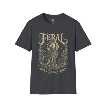 Dark Heather Grey Feral T-Shirt featuring distressed mystical wolf artwork with retro spiritual styling and worn vintage detail.