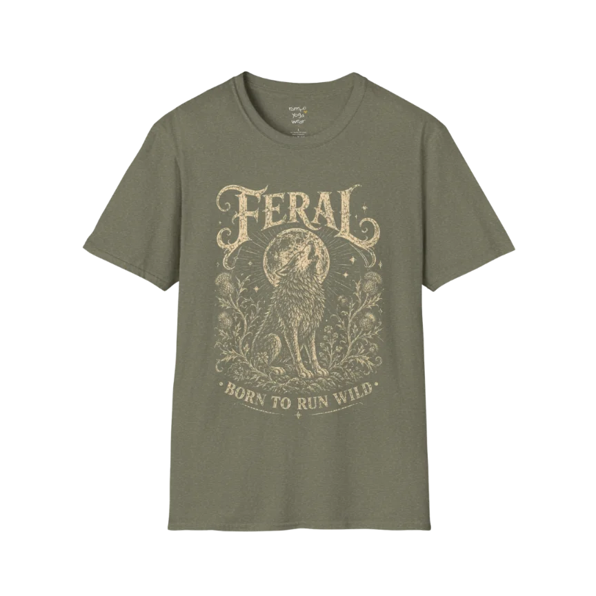 Heather Military Green Feral T-Shirt with earthy vintage wolf illustration and mystical bohemian-inspired spiritual artwork.