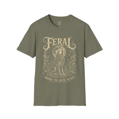 Heather Military Green Feral T-Shirt with earthy vintage wolf illustration and mystical bohemian-inspired spiritual artwork.