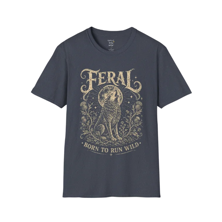 Heather Navy Feral T-Shirt featuring celestial-inspired wolf artwork with distressed cream print and soulful vintage styling.