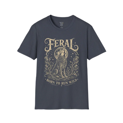 Heather Navy Feral T-Shirt featuring celestial-inspired wolf artwork with distressed cream print and soulful vintage styling.