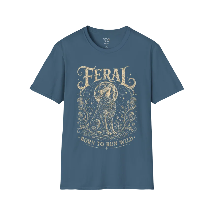 Indigo Blue Feral T-Shirt with mystical engraved wolf illustration and retro spiritual design inspired by freedom and intuition.