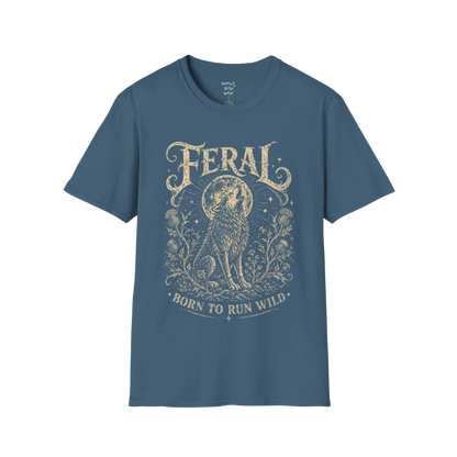 Indigo Blue Feral T-Shirt with mystical engraved wolf illustration and retro spiritual design inspired by freedom and intuition.