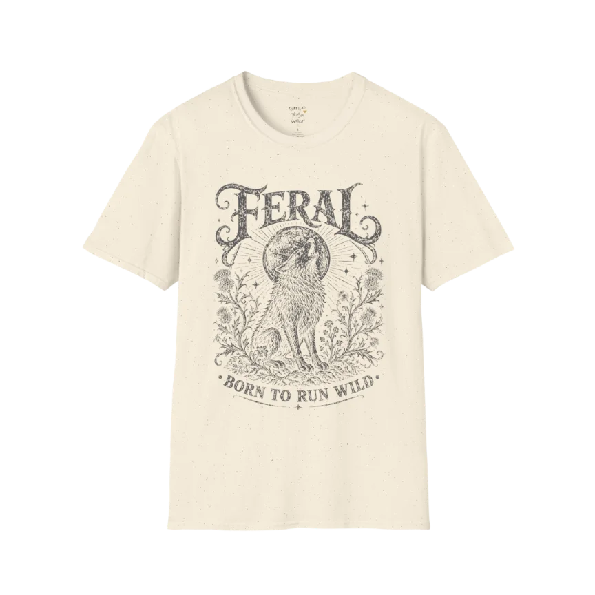 Natural Feral T-Shirt featuring reversed vintage wolf artwork in distressed dark grey with earthy mystical energy and bohemian style.