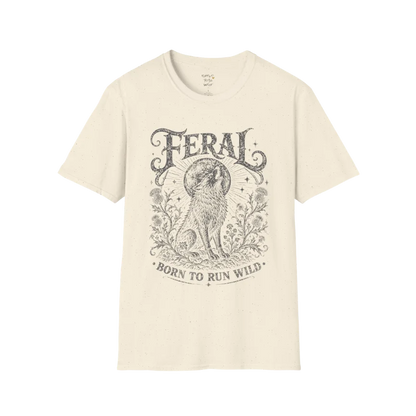 Natural Feral T-Shirt featuring reversed vintage wolf artwork in distressed dark grey with earthy mystical energy and bohemian style.