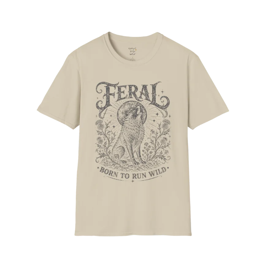 Sand Feral T-Shirt with faded charcoal mystical wolf illustration and vintage spiritual artwork inspired by untamed freedom.